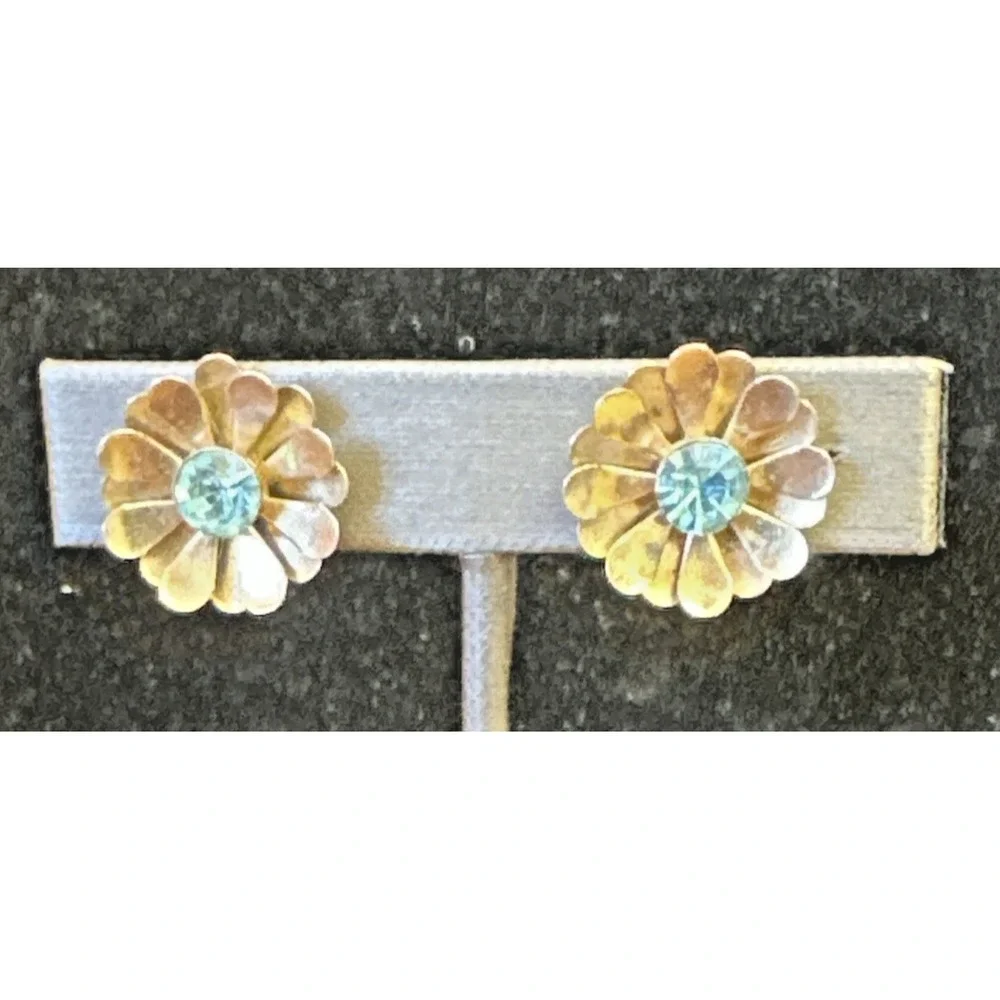 VTG ESTATE‎ SIGNED NEMO BLUE RHINESTONE Flower SCREW Back EARRINGS
